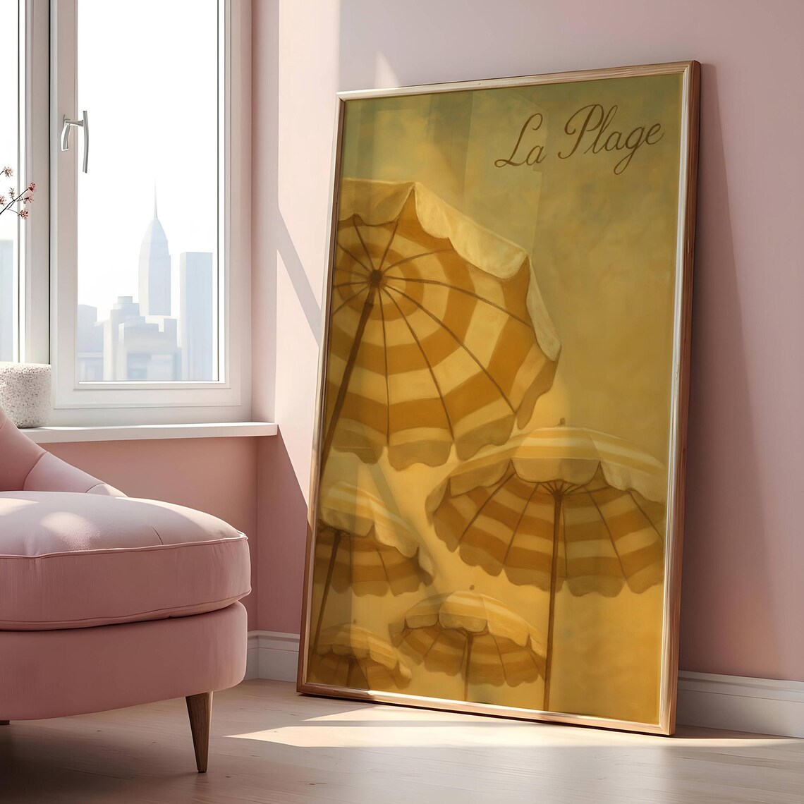La Plage Amber Striped Beach Umbrellas Vintage French Poster