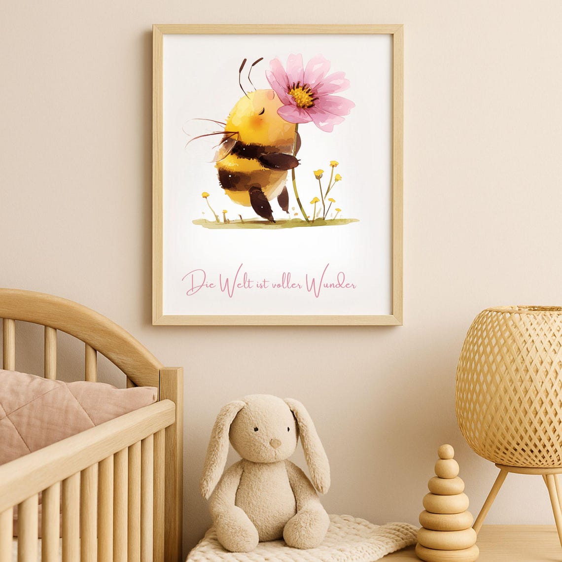Cute Watercolor Bee Hugging Flower Kids Room Decor Wall Poster