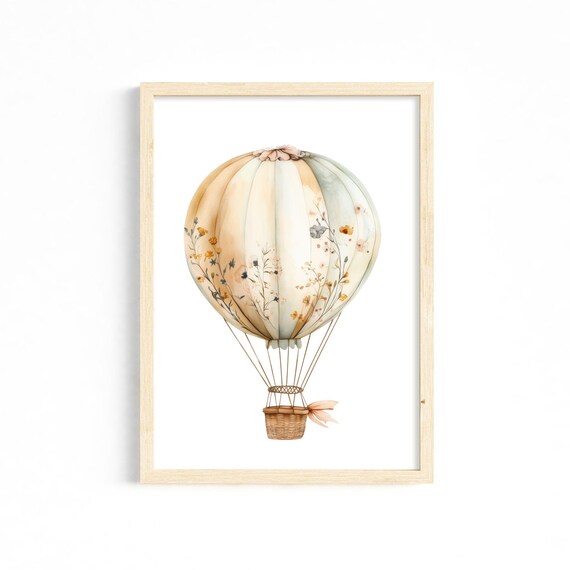 Pastel Watercolor Hot Air Balloon with Flowers Nursery Boho Art Poster