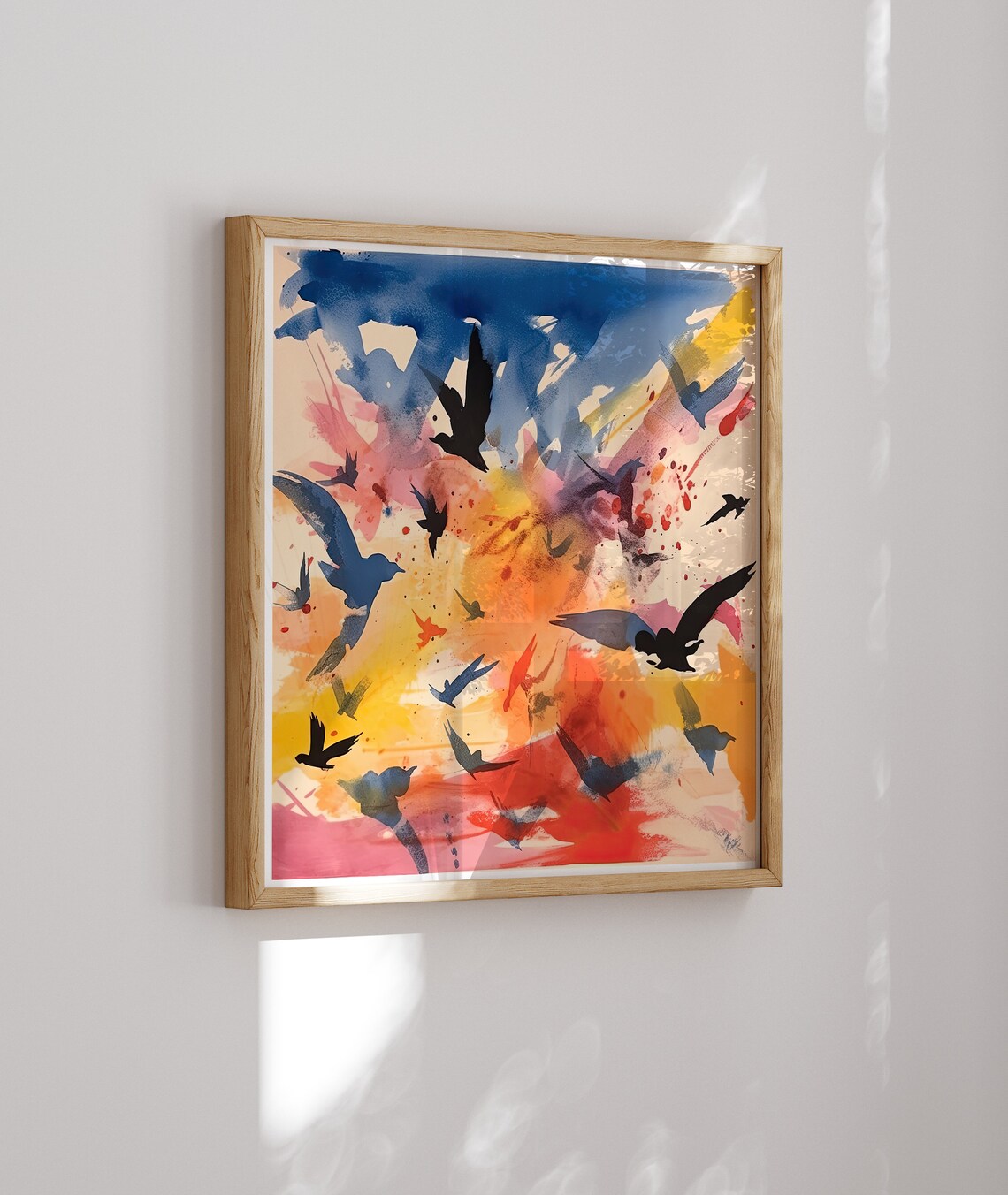 Watercolor Birds in Flight Against a Colorful Sunset Sky Poster - Image 2