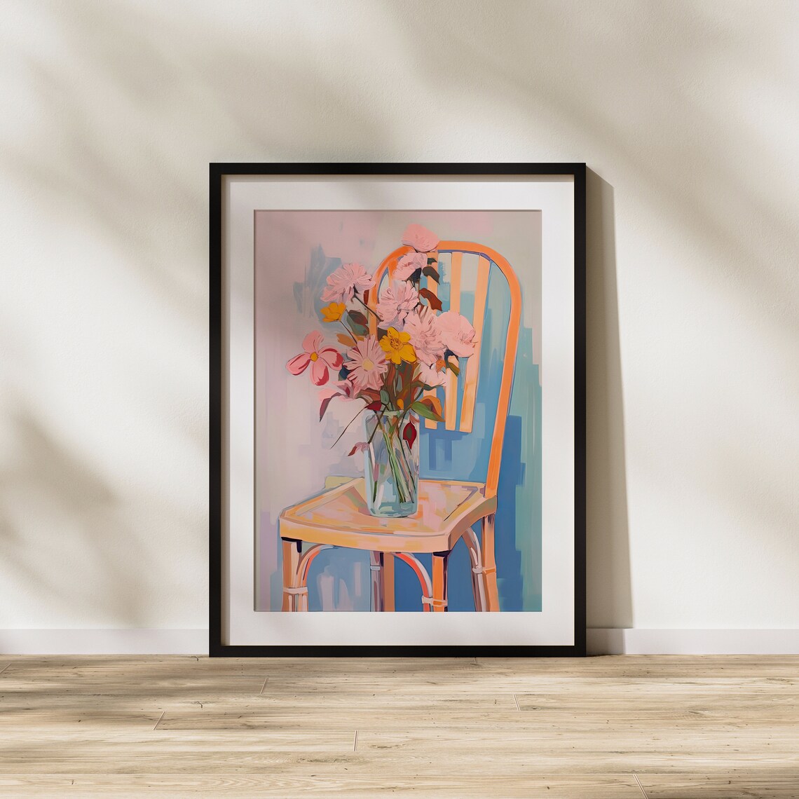 Glass Vase Of Pink Flowers On Wooden Chair Bright Modern Art Poster - Image 2