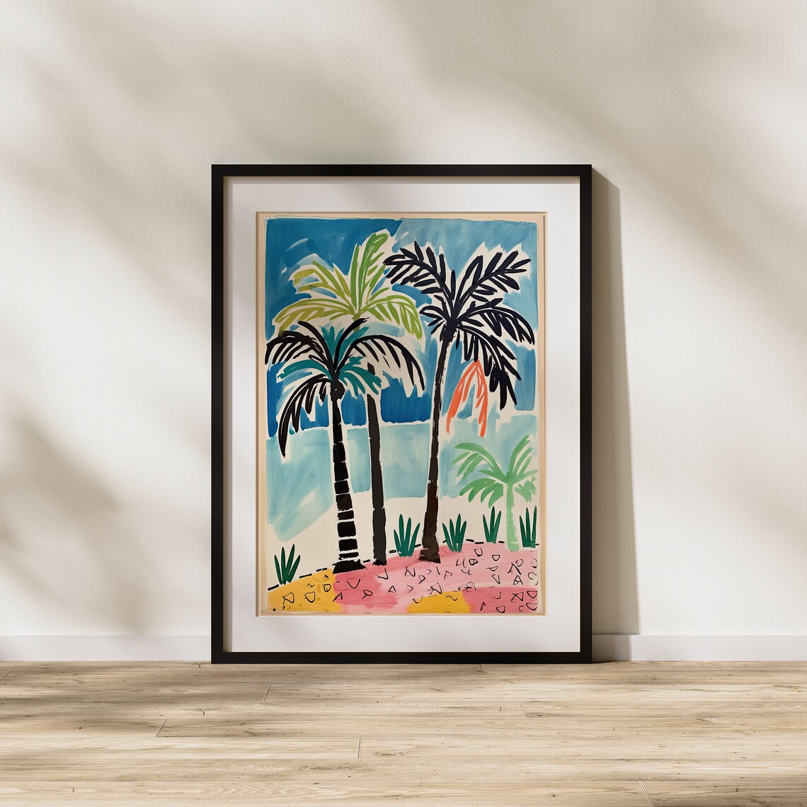 Graphic Palm Trees on a Colorful Tropical Beach Ink Art Poster - Image 2