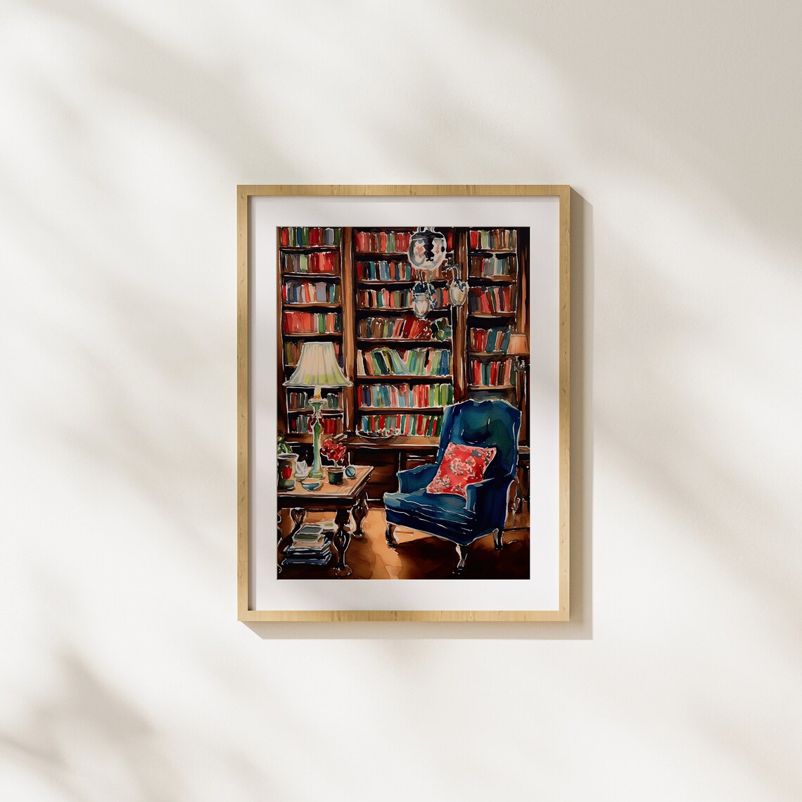 Cozy Old Library With Blue Armchair And Floor To Ceiling Books Art Poster