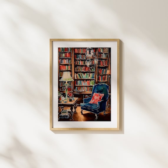 Cozy Old Library With Blue Armchair And Floor To Ceiling Books Art Poster
