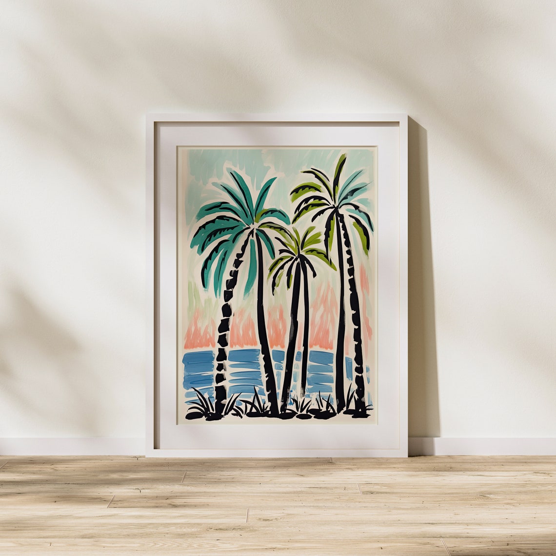 Palm Trees at Sunset Over Blue Ocean Retro Tropical Beach Art Poster - Image 2
