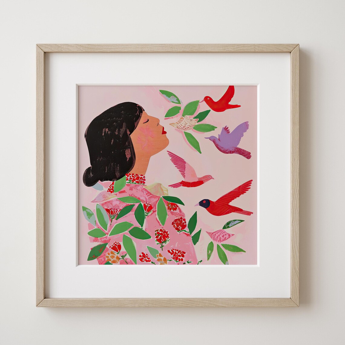 Woman In Floral Dress Singing With Colorful Birds Pink Folk Art Poster