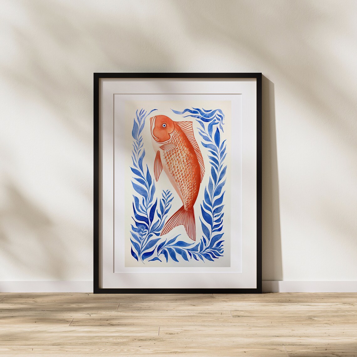 Bold Red Fish Among Blue Leaves Traditional Woodblock Style Poster - Image 2