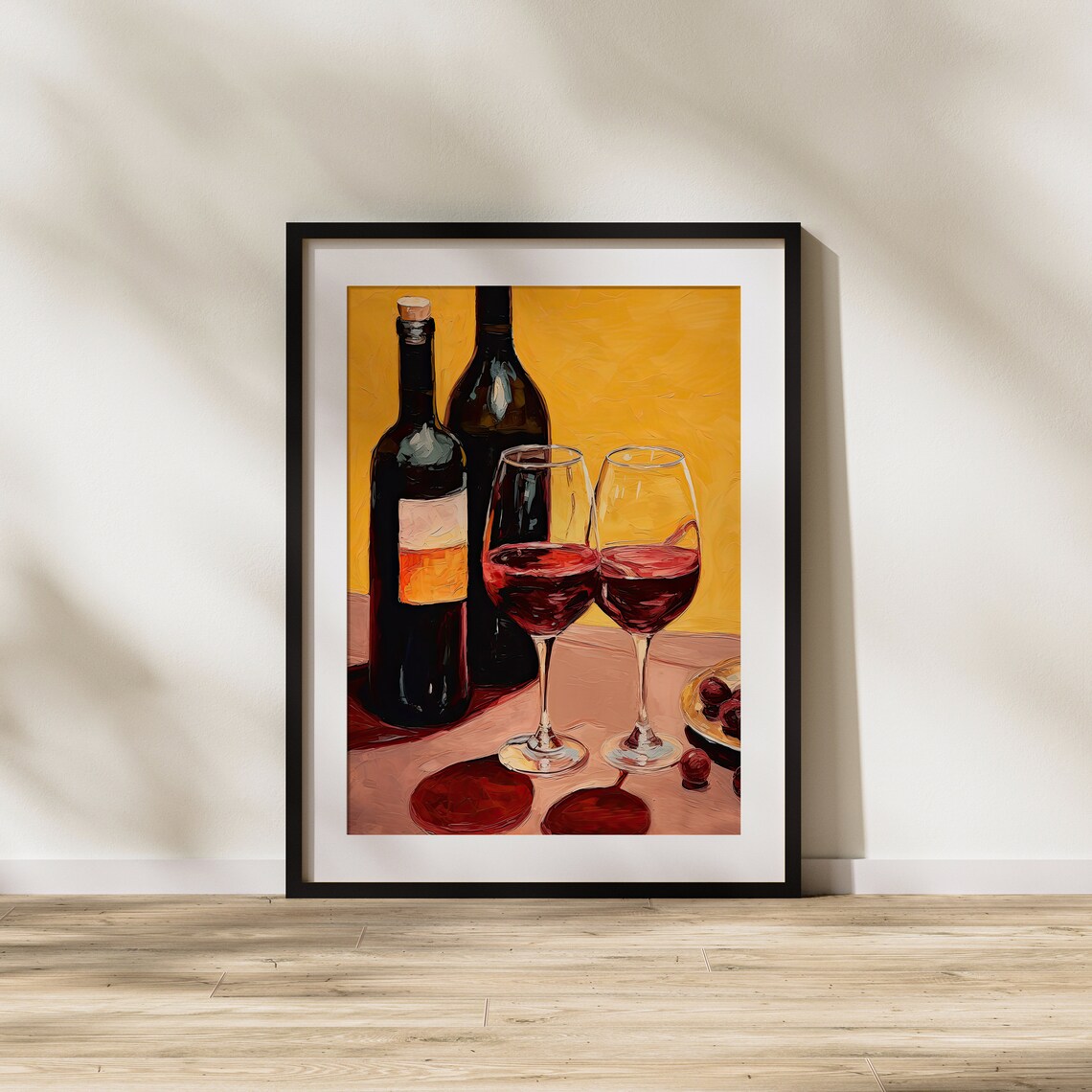 Red Wine Bottles and Glasses with Grapes Warm Still Life Poster - Image 3