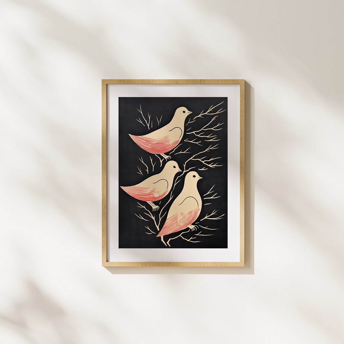 Three Cream Doves On Bare Branches Vintage Black Woodcut Art Poster