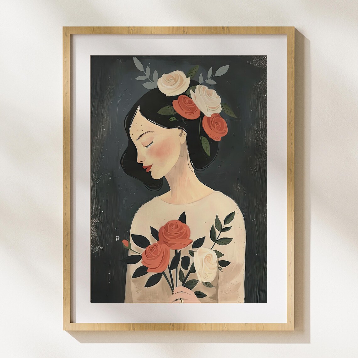 Elegant Woman with Roses in Her Hair on Dark Background Poster