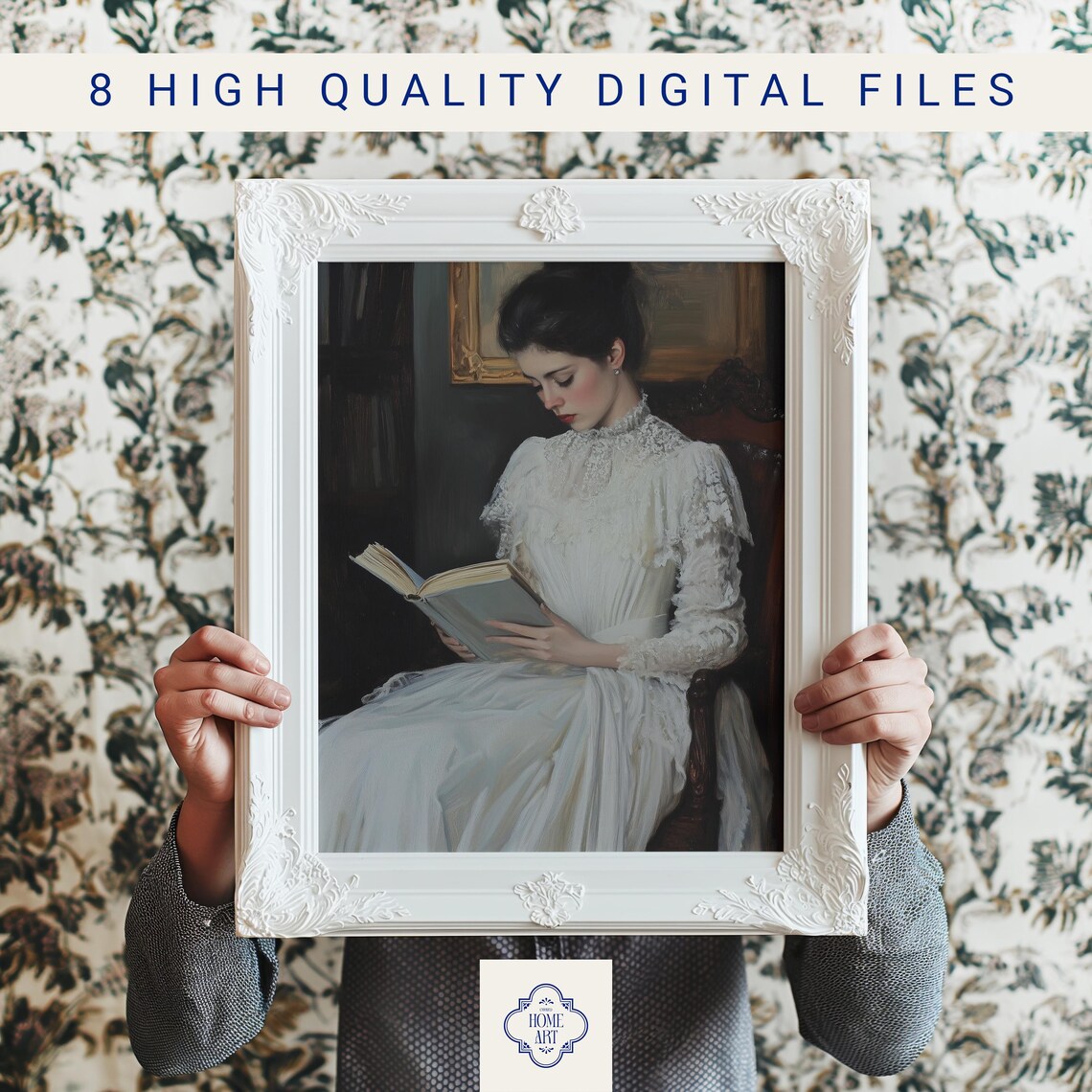 Woman in White Dress Reading a Book Vintage Oil Painting Print - Image 3