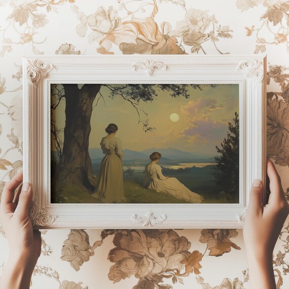 Women In Wildflower Field Print Vintage Spring Art Moody Meadow Wall Decor Rustic Farmhouse Summer