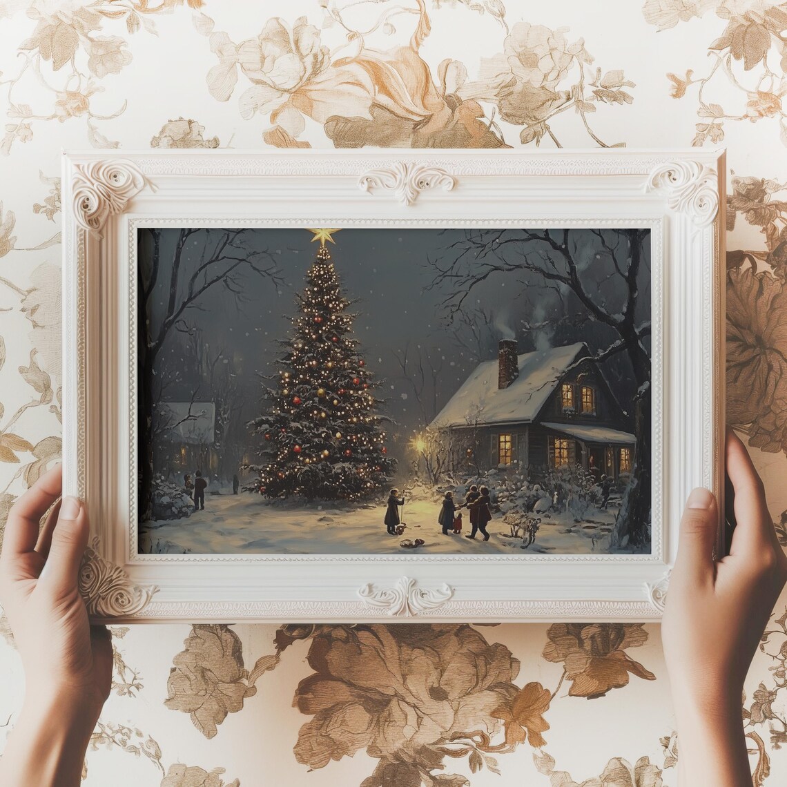 Vintage Village Christmas Tree Lighting in Snow Night Scene Poster