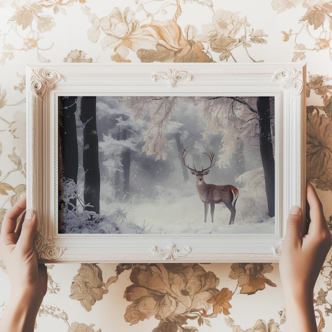 Spotted Stag in Frosty Winter Forest Snowy Woodland Wildlife Poster