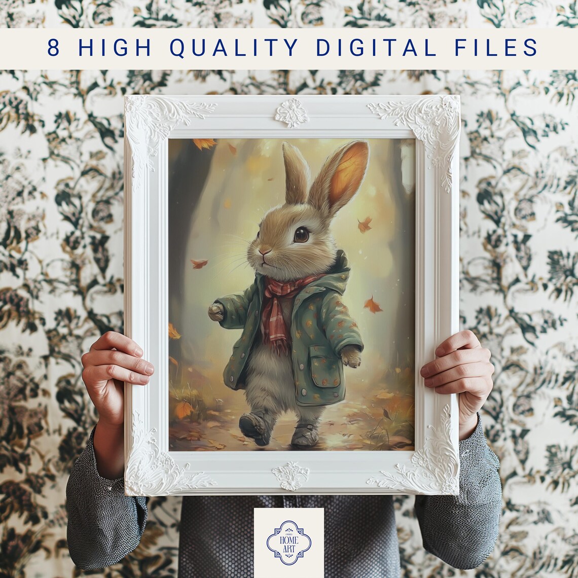 Bunny in Green Coat and Red Scarf Among Falling Autumn Leaves Art Print - Image 3