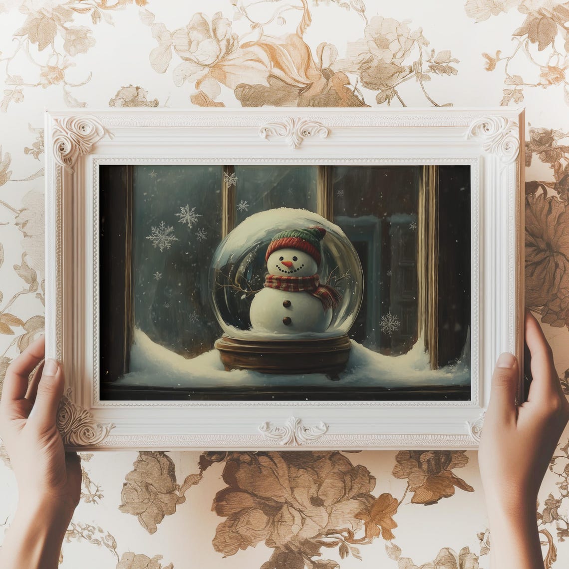 Snowman Snow Globe Winter Night Cozy Holiday Window Art Poster