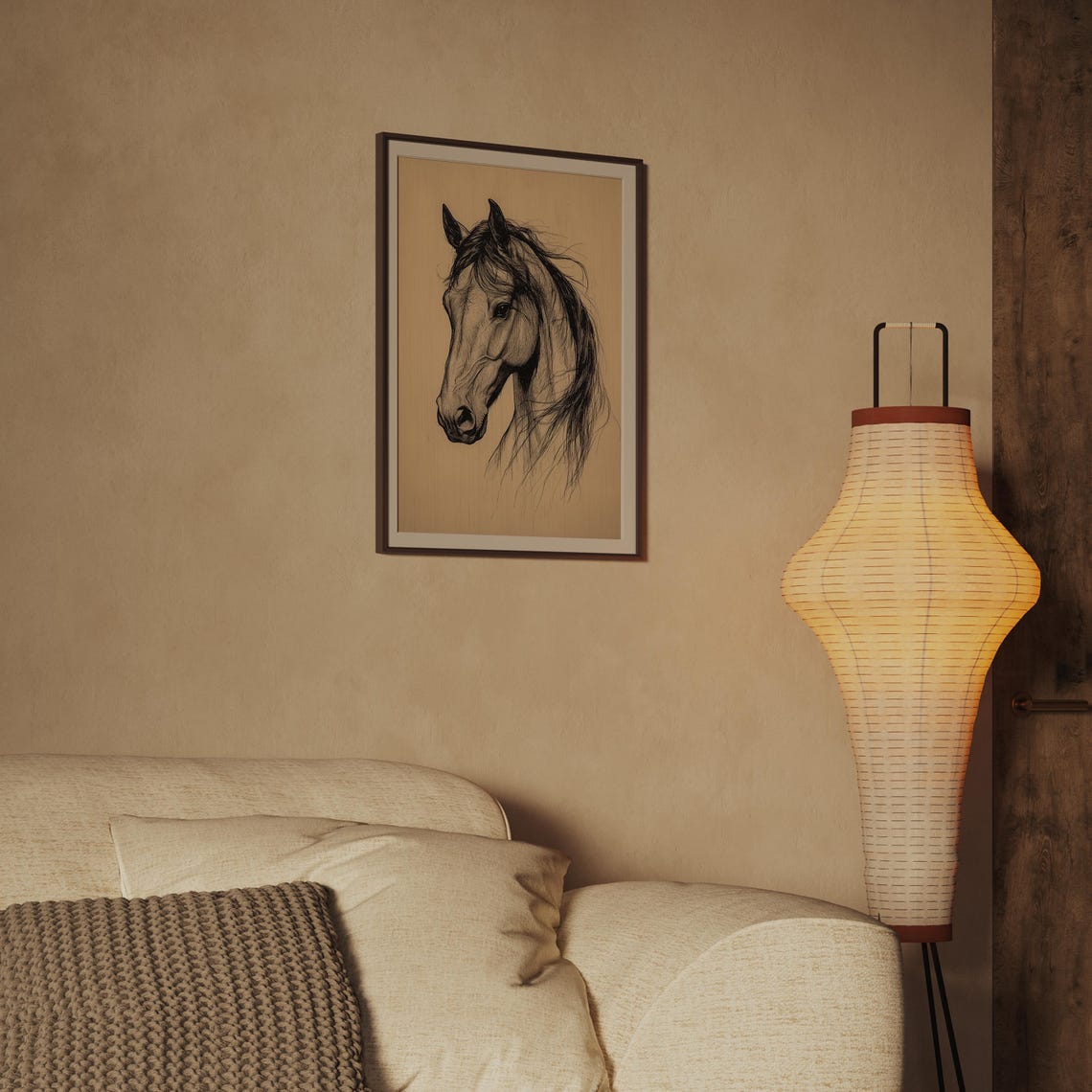 Horse Head Pencil Sketch Drawing on Beige Background Art Print - Image 2