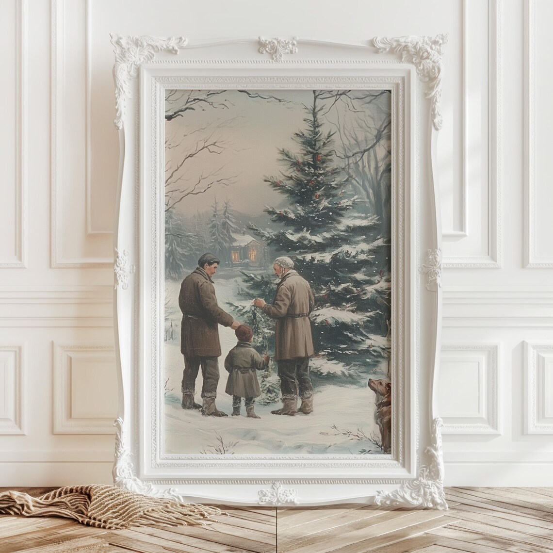 Family Decorating Christmas Tree In Snowy Woods Vintage Poster