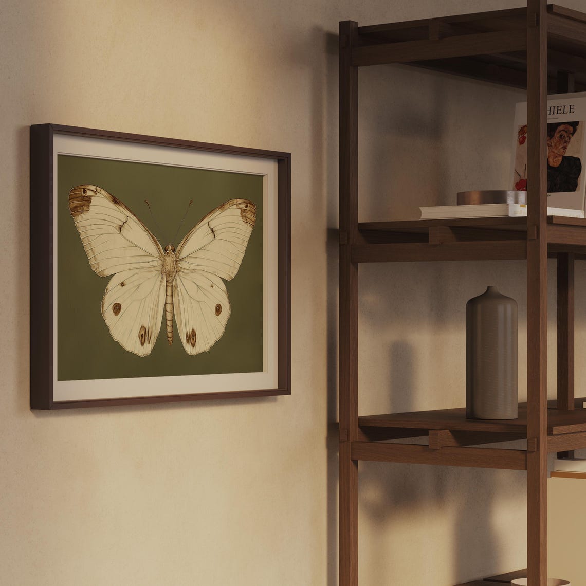 White Butterfly Vintage Entomology Dark Olive Moody Insect Wall Art - Image 2