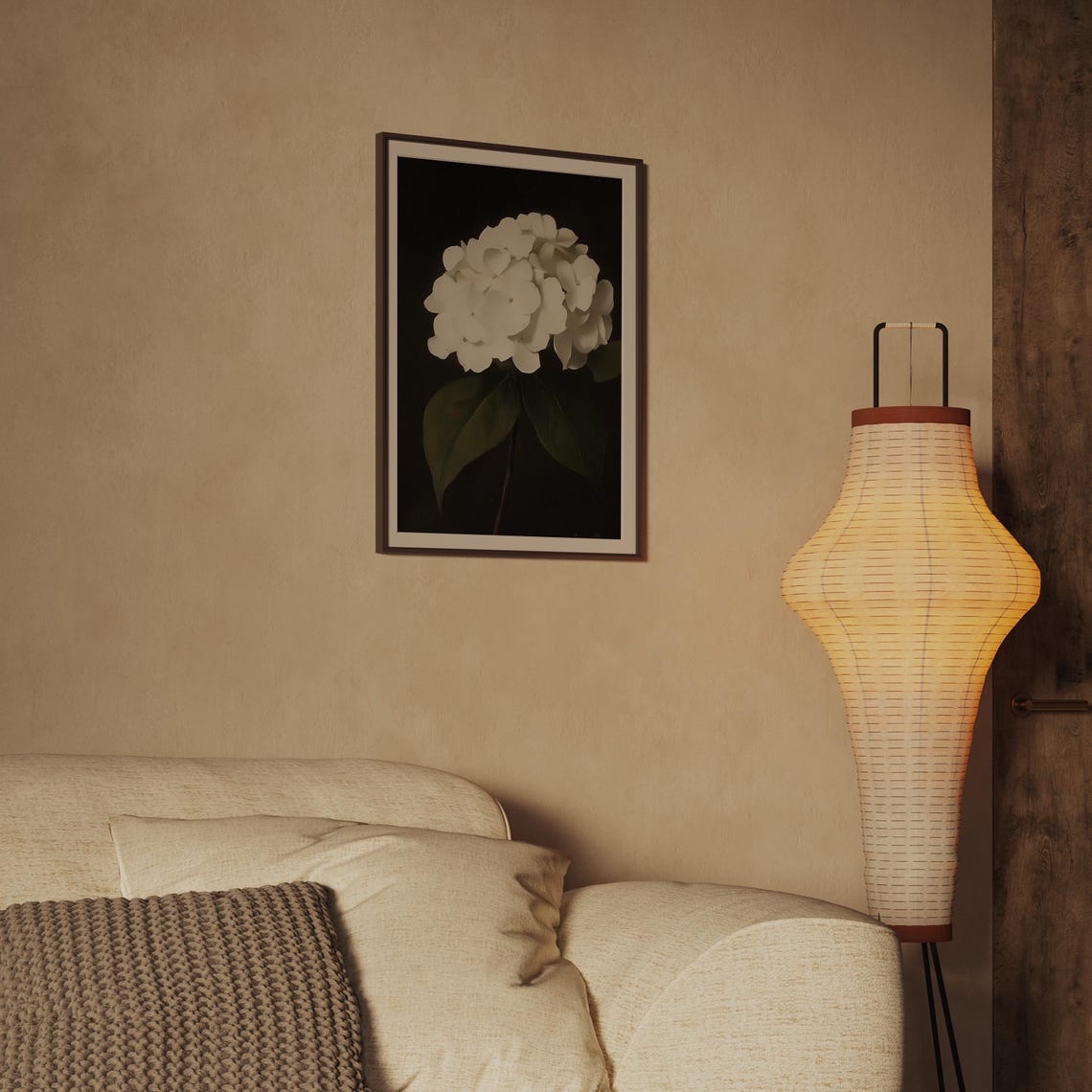White Hydrangea Blossom on Black Background Floral Art Print - Image 2