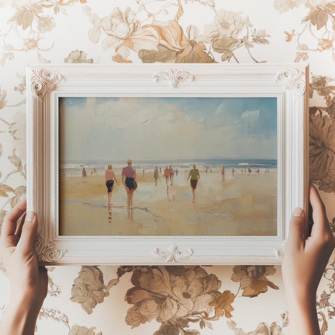 Summer Beach Scene Figures Walking Shoreline Coastal Painting Poster