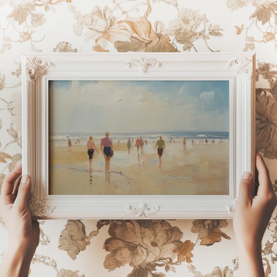 Summer Beach Scene Figures Walking Shoreline Coastal Painting Poster