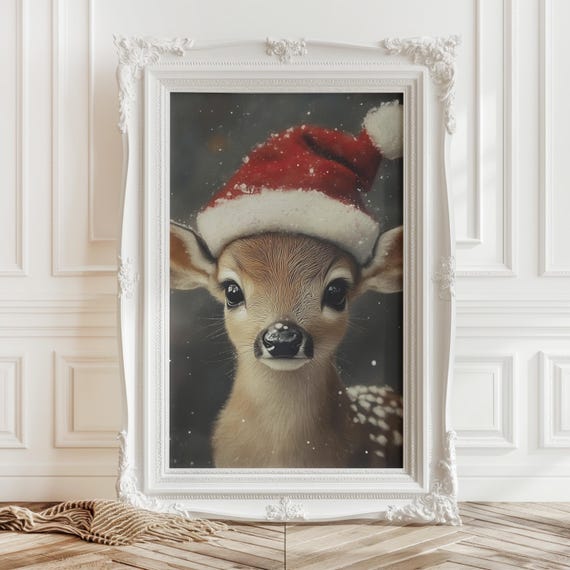 Vintage Christmas Baby Deer Print Cute Deer In Santa Hat Art Winter Holiday Wall Art Festive Xmas Decor