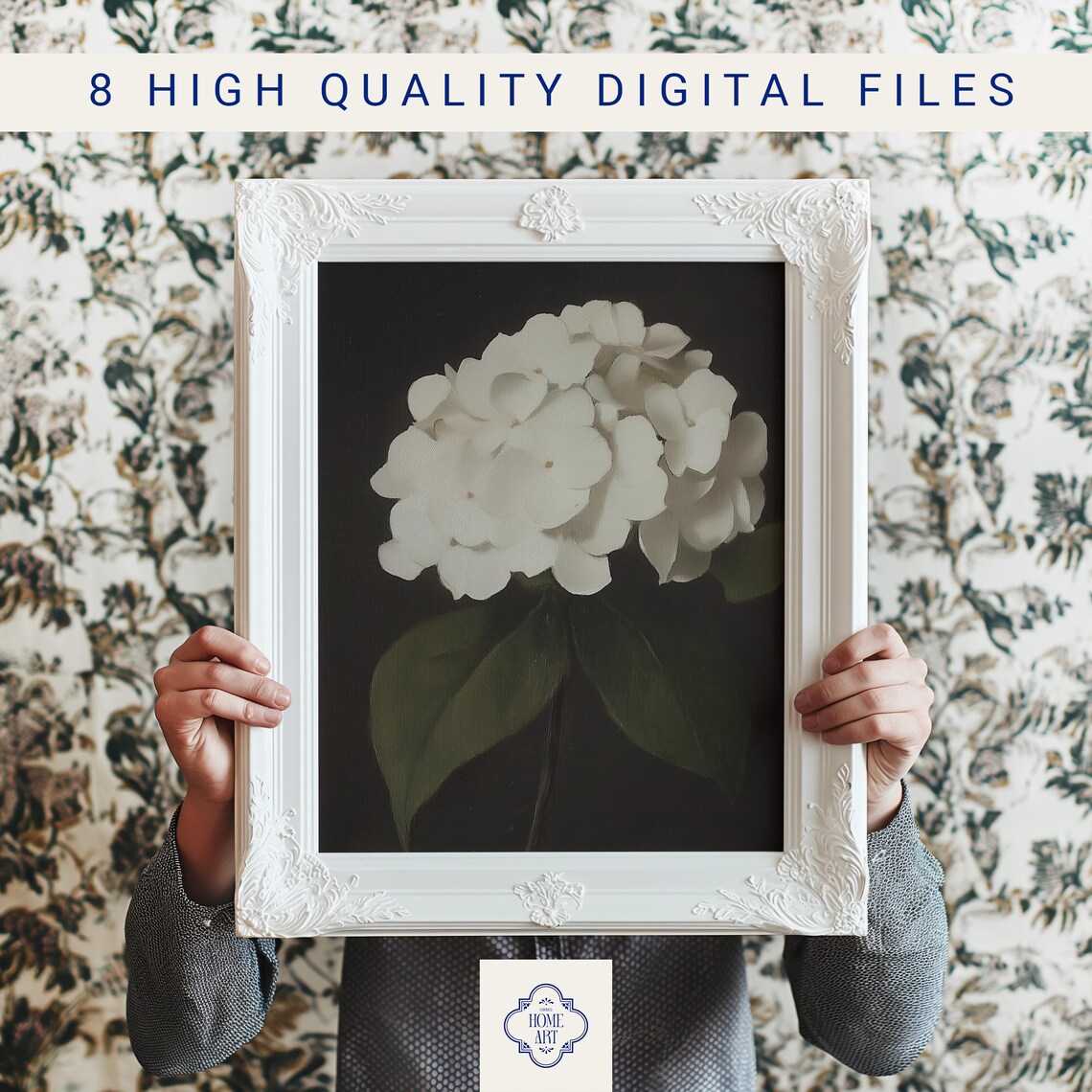 White Hydrangea Blossom on Black Background Floral Art Print - Image 3