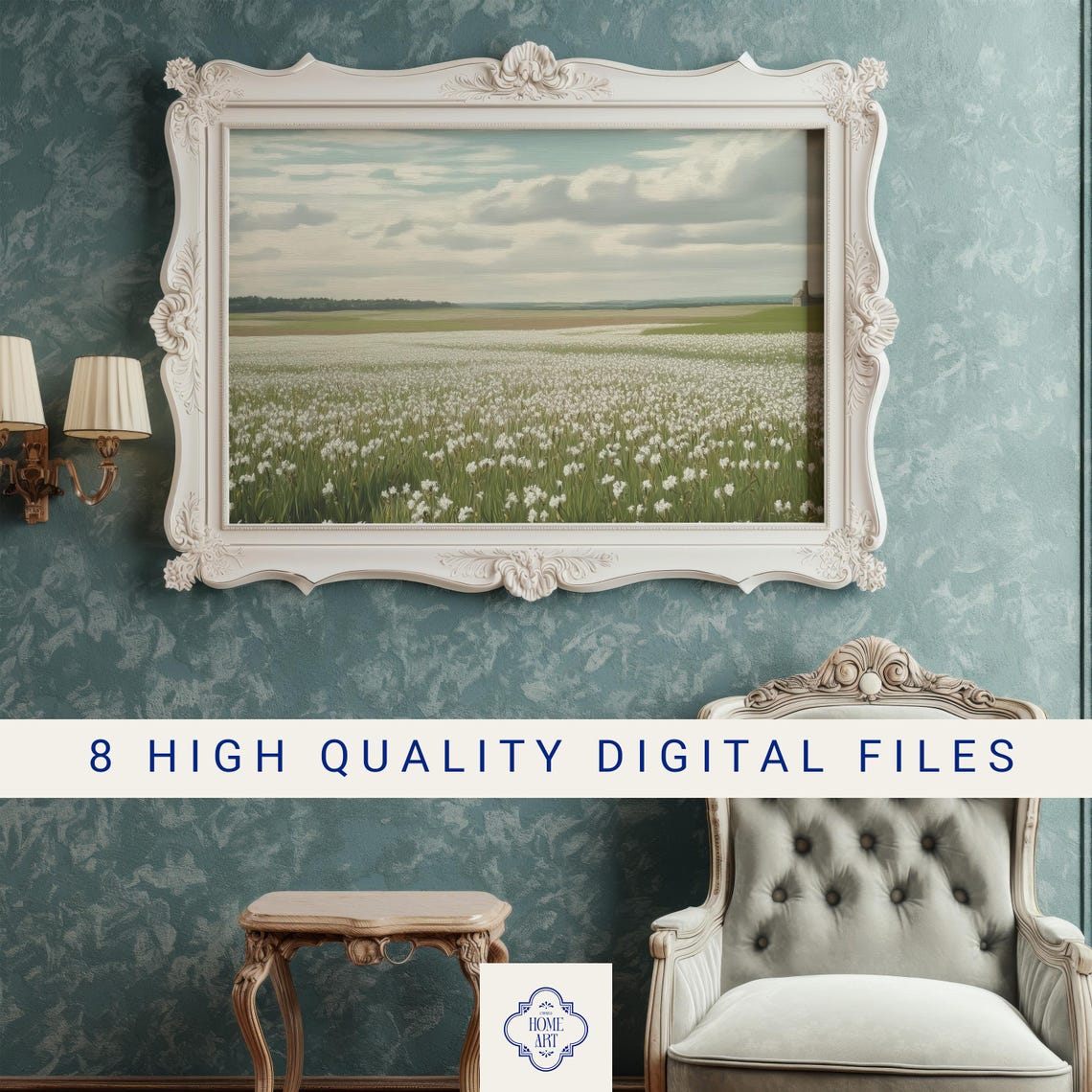 White Wildflower Field Cloudy Sky Spring Landscape Art Poster - Image 3