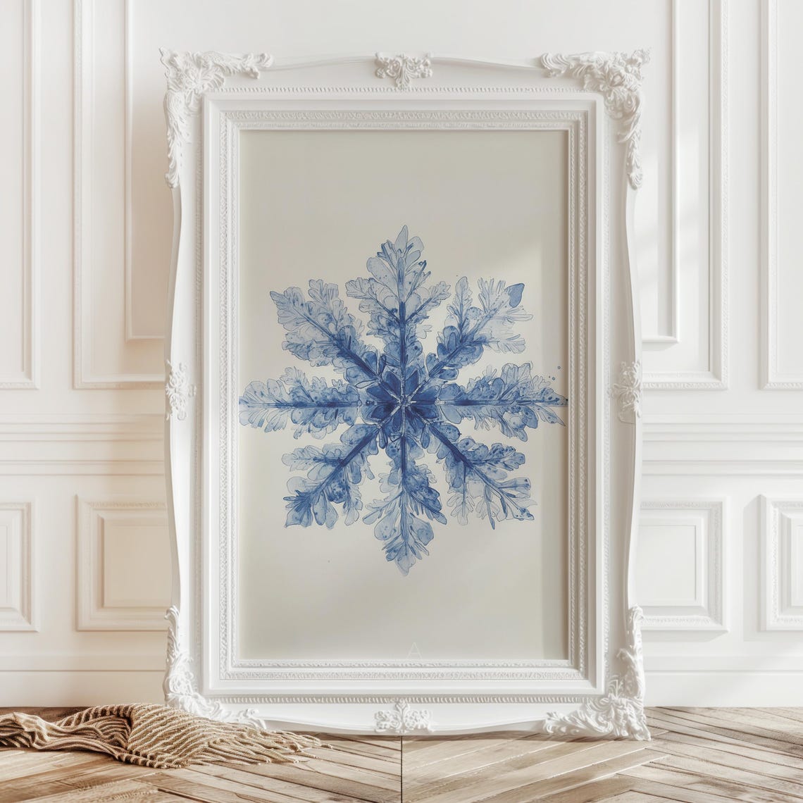 Blue Watercolor Snowflake Minimalist Winter Botanical Wall Art