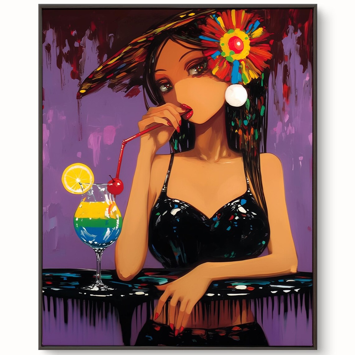 Pop Style Woman With Cocktail Colorful Modern Lounge Portrait Wall Art