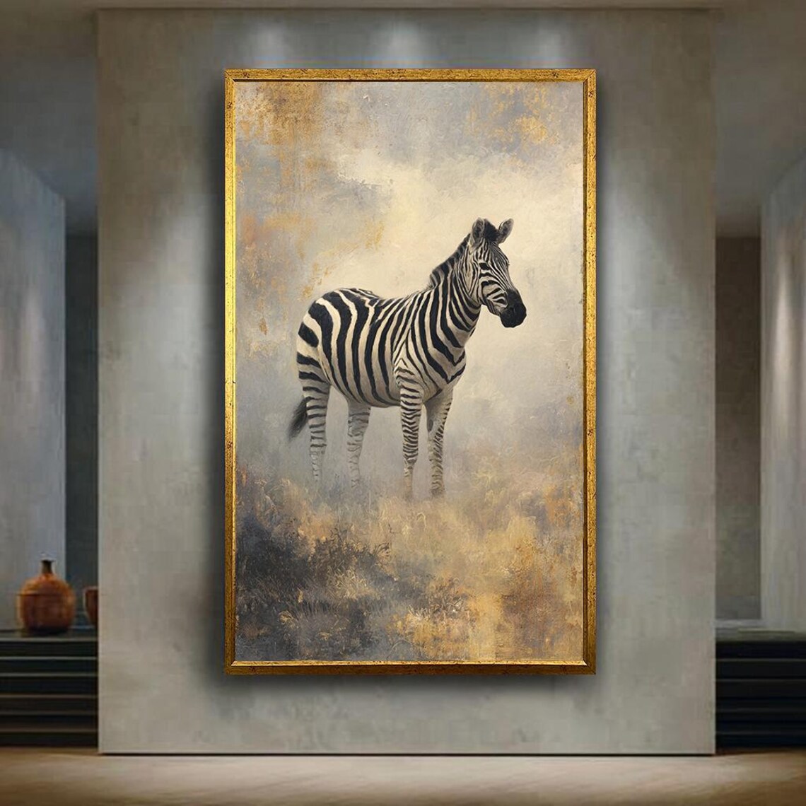 Majestic Zebra Golden Mist Safari Painting Elegant Wildlife Poster