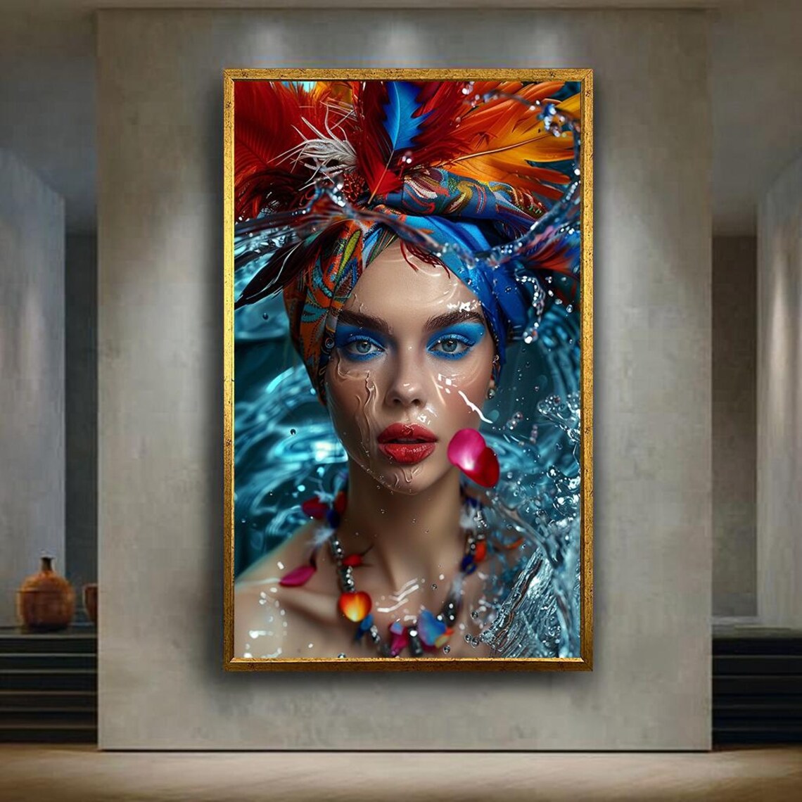 Woman with Colorful Feather Headdress Underwater Fantasy Portrait Poster