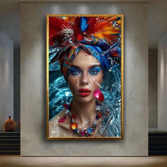 Exotic Woman Portrait Canvas Wall Art Colorful Feather Headwrap And Water Splash Print Vibrant Fashion Decor For Modern Interiors