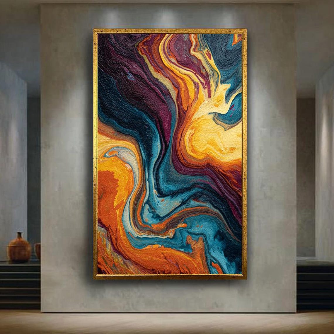 Bold Fluid Abstract Marble Swirl In Orange Blue And Purple Print