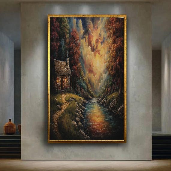 Cozy Cottage By The River Fantasy Wall Art Colorful Forest Sunset Painting For Rustic Cabin Or Nature Lovers Decor