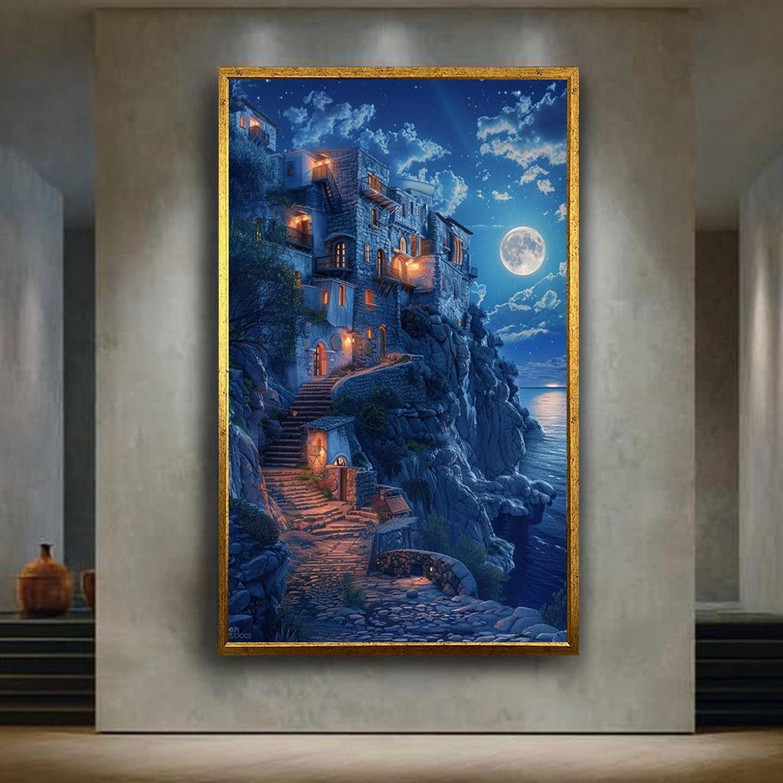Mediterranean Cliff Houses Moonlit Sea Night Stairs Stone Path Print