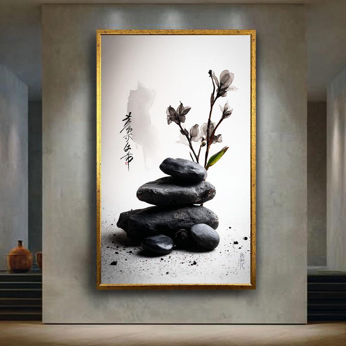 Zen Stones Ink Wash Orchid Calligraphy Minimalist Wabi Sabi Poster
