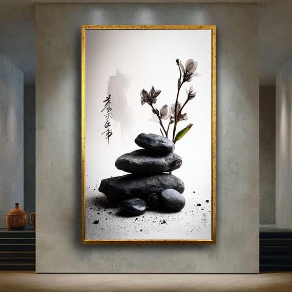 Japanese Zen Stones Canvas Wall Art With Ink Wash Flower And Calligraphy Minimalist Wabisabi Decor For Meditation Or Spa Room