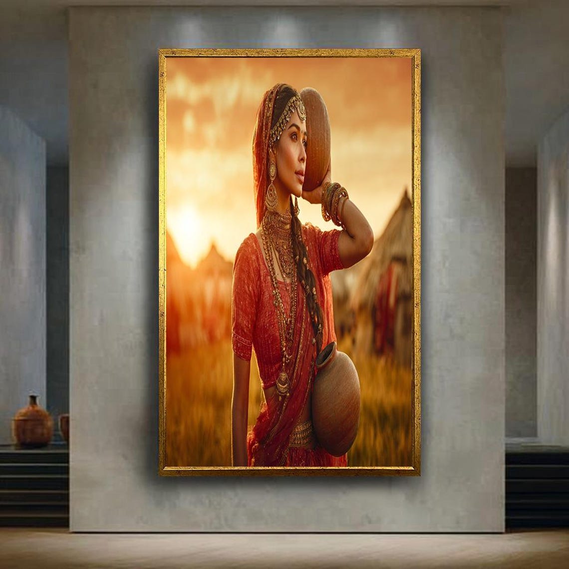 Woman in Red Saree Carrying Clay Pots at Sunset Portrait Poster