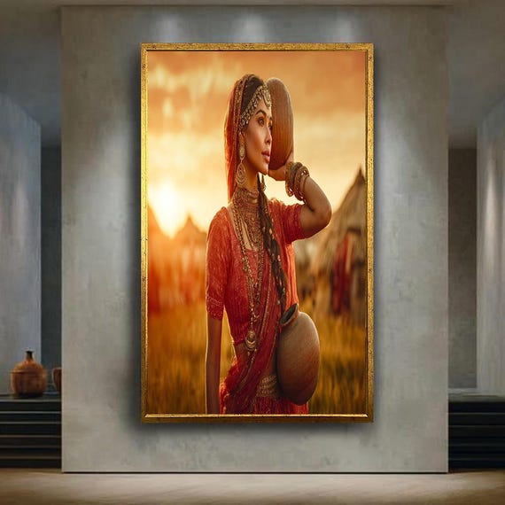 Traditional Woman Canvas Wall Art With Red Saree And Clay Pots Cultural Sunset Village Scene Home Decor For Living Room