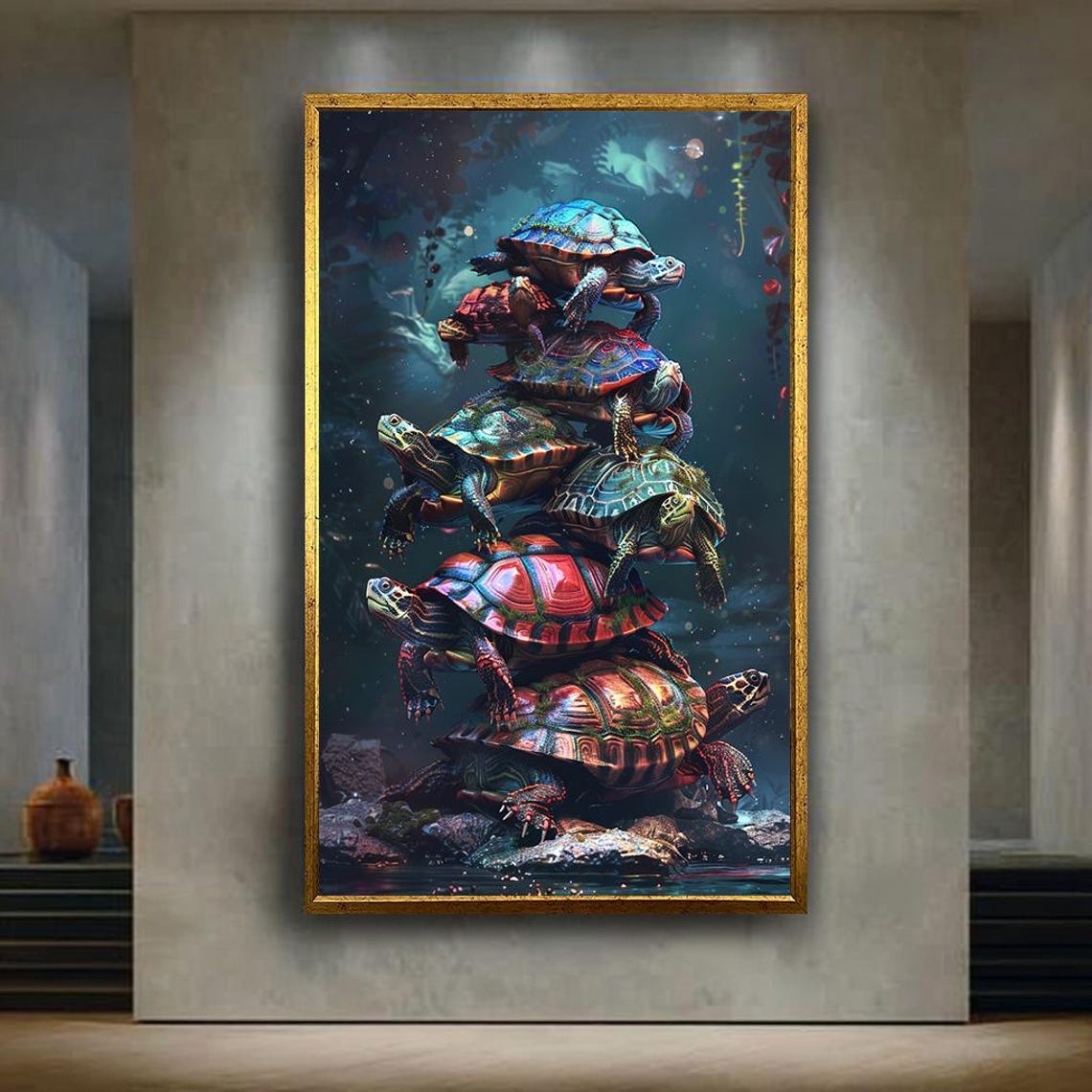 Colorful Stacked Turtles Tower Underwater Fantasy Art Poster