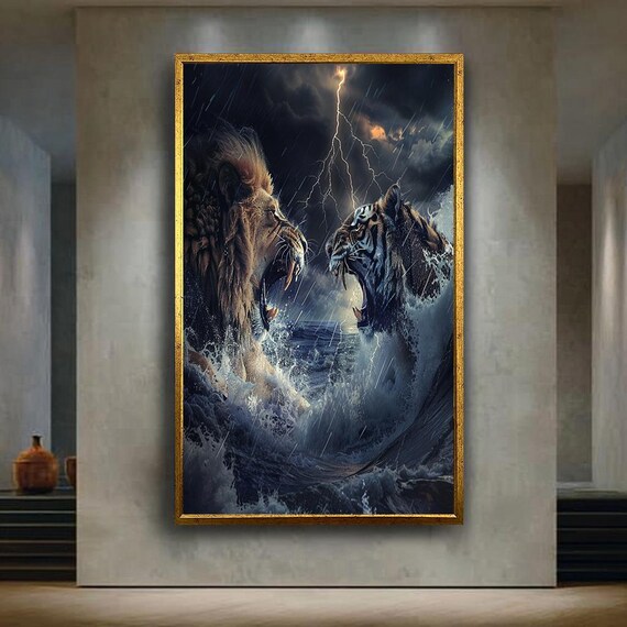 Lion Vs Tiger Epic Battle Canvas Wall Art Powerful Wildlife Clash In Stormy Ocean Dramatic Animal Print For Bold Home Decor
