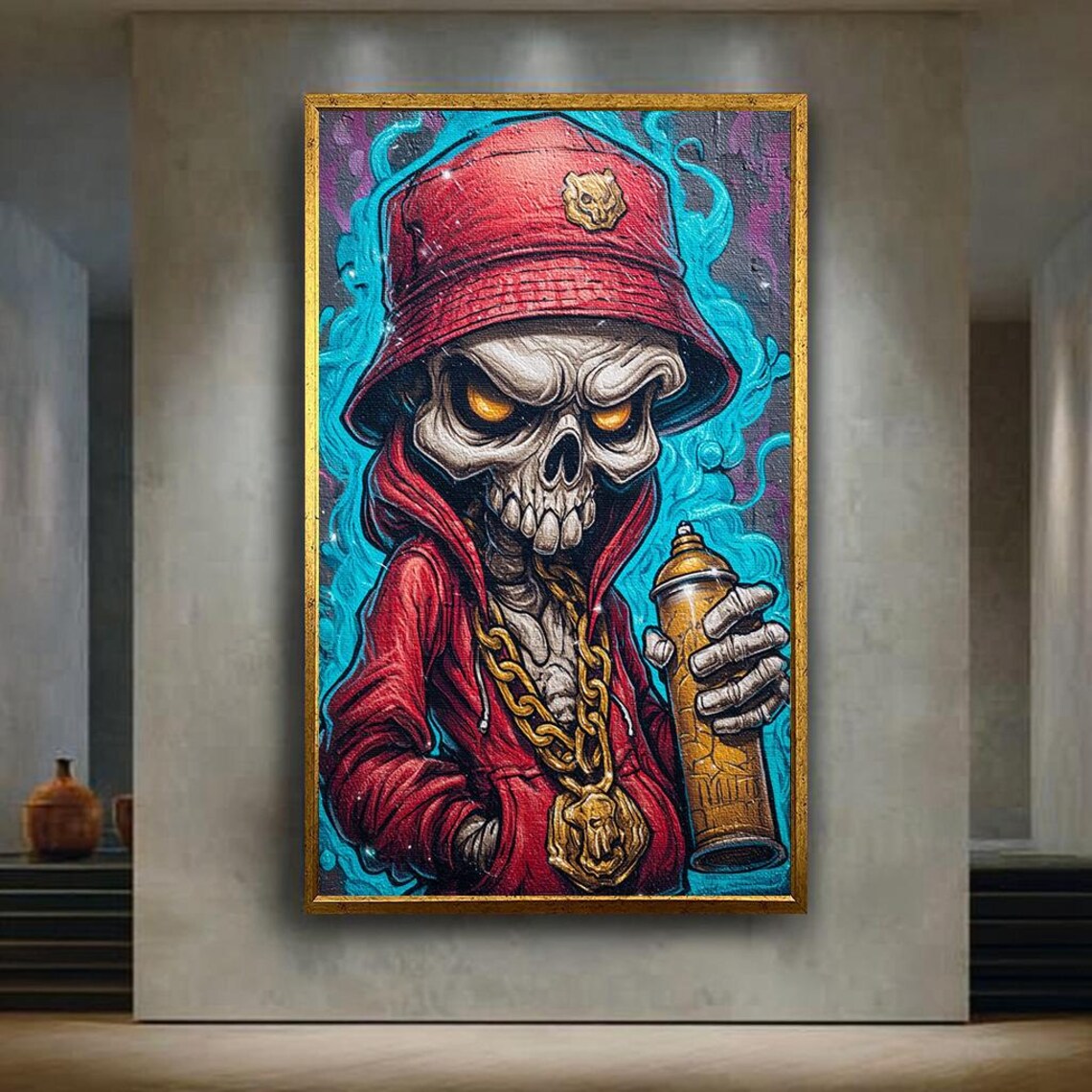 Graffiti Skeleton With Spray Can Red Bucket Hat Street Art Poster