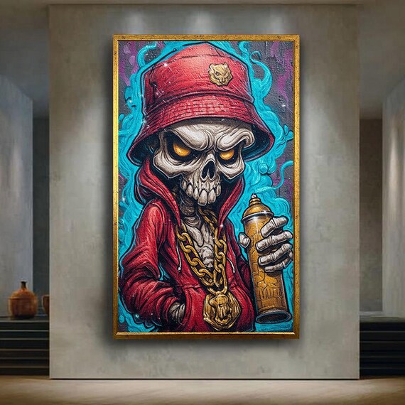 Graffiti Skeleton Canvas Wall Art Urban Street Style Skull Character With Spray Can Hip Hop Poster For Edgy Decor