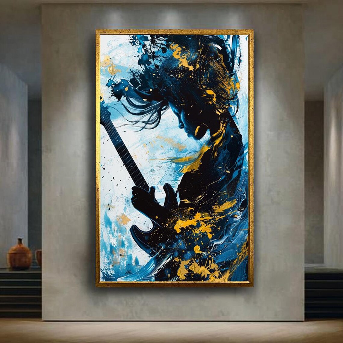 Electric Guitar Player Silhouette Teal and Gold Splash Music Wall Art