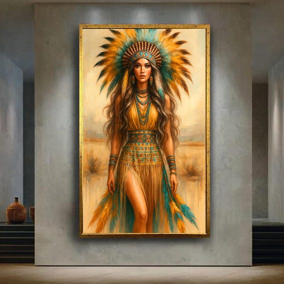 Native Tribal Warrior Woman Wall Art Print Feather Headdress Boho Style Canvas Powerful Indigenous Inspired Decor For Modern Interiors