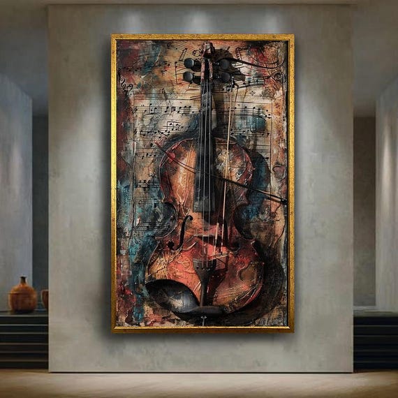Vintage Violin Wall Art Print With Abstract Music Notes Rustic Classical Instrument Artwork For Musician Room Decor