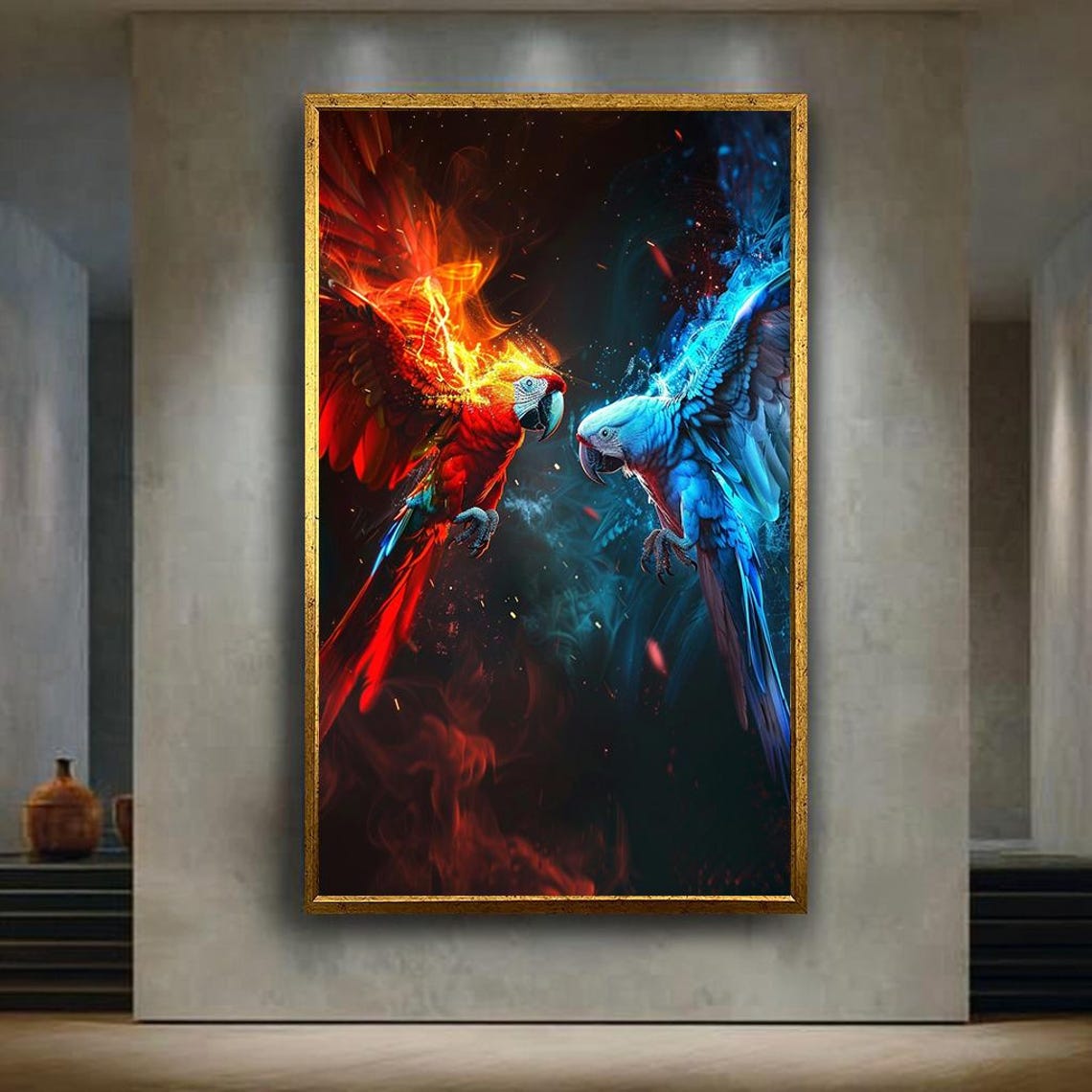 Fire and Ice Parrots Facing Off Dramatic Bird Fantasy Art Poster