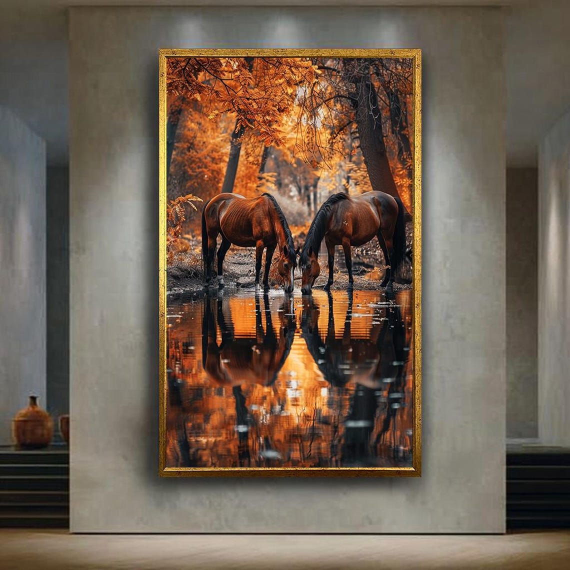 Autumn Horses Drinking Forest Pond Mirror Reflection Painting Poster
